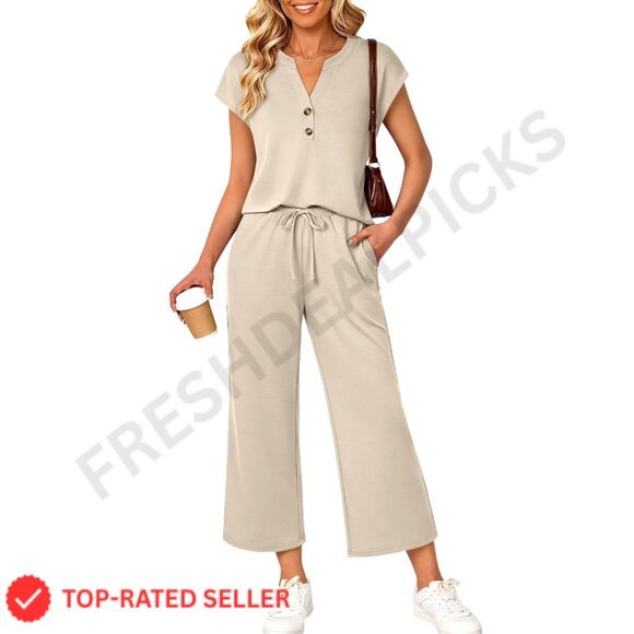 Two Piece Lounge Set Cropped Wide Leg Pants V Neck Top Soft Knit